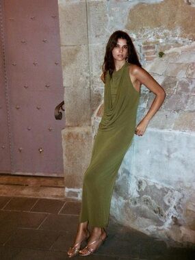 Zara Olive Green Draped Sleeveless Maxi Dress